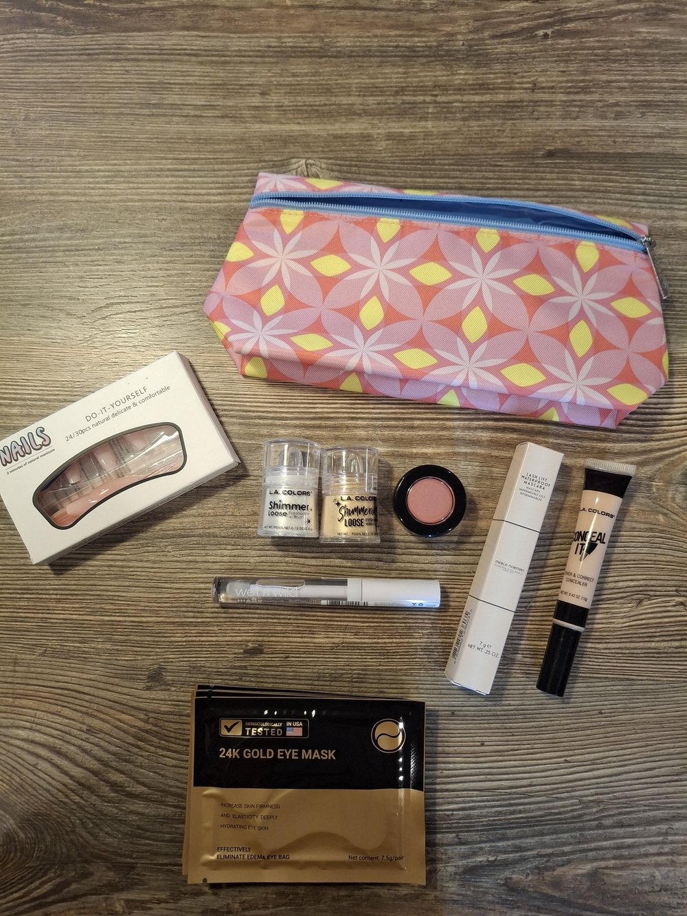 Pink Geometric Cosmetic Bag with Makeup Essentials